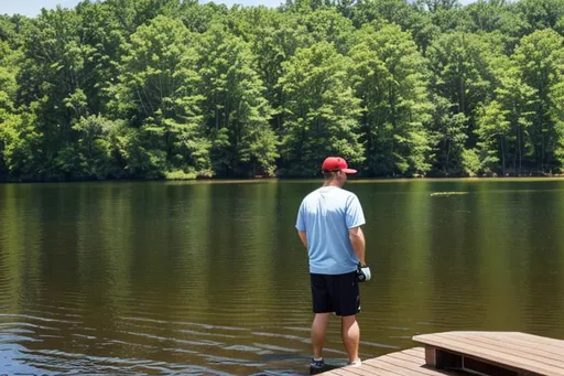 Prompt: Long shot, wide angle, 24mm lens, country guy with baseball cap fishing in his boxer briefs. It's a beautiful summer day at his lake house in the  northeastern United States. 