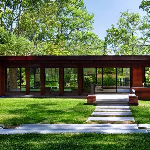 Prompt: Phillip Johnson design a beautiful single-story house, all windows across the outside
 5000 square feet, Feng Shui