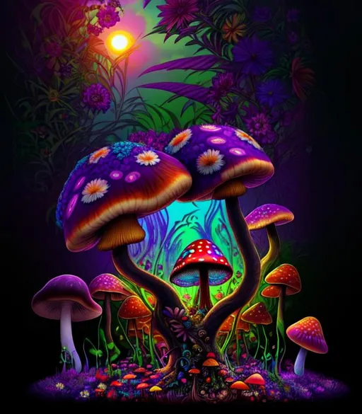 Prompt: psychedelic, twisted, cinematic, 3D, HD, {male}Hippie, flowers, mushrooms, birds, expansive psychedelic background, sunset, hyper realistic, 4K --s98500