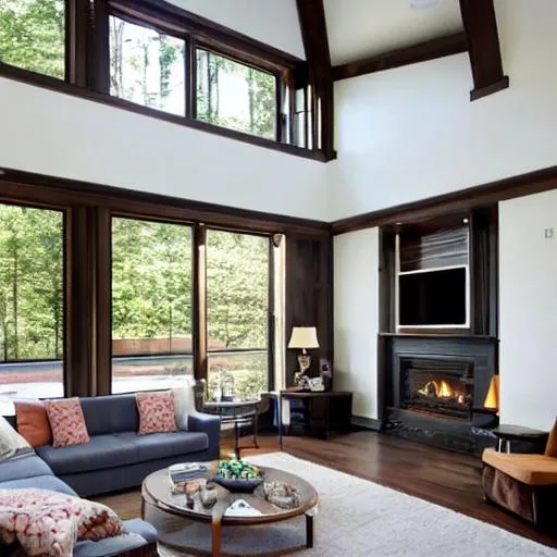 Prompt: tall ceiling contemporary living room with a lot of natural sunlight and dark wood trim and no neighbors