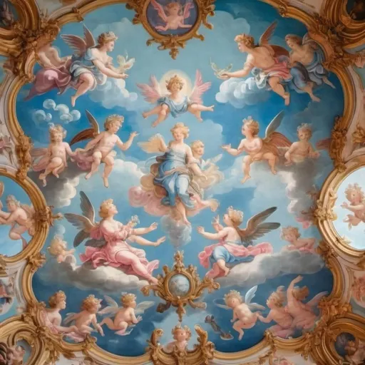 Prompt: A rococo style ceiling fresco but all the people and angels are frogs. It has beautiful blue and pink hues that make it feel dreamy and warm. 