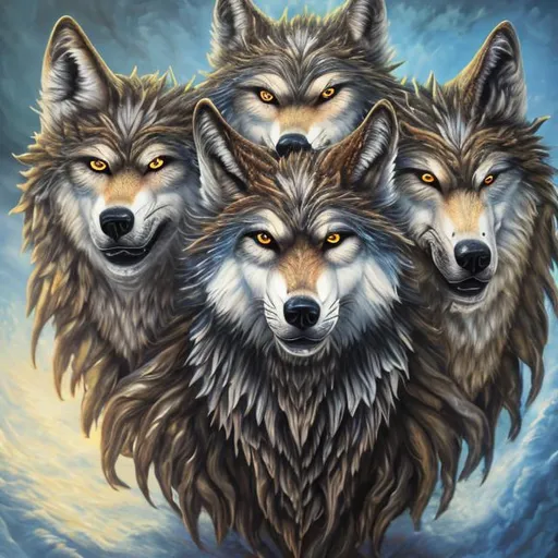 Prompt: (realistic photo, professional photo, oil painting) wolf with 4 heads and tails