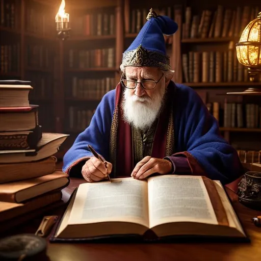 Prompt: A old man tirelessly studying his large book of spells in his luxurious library.  D&D, fantasy,  high quality,  maximum resolution,  oil painting, wizard outfit, highly detailed outfit, tiny wizard hat,  no glasses, detailed face