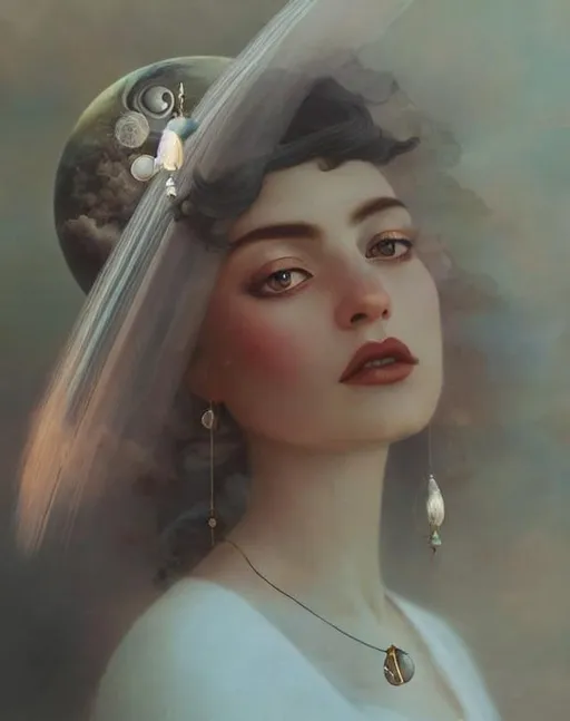 Prompt: A woman using a hat made of Saturn rings and hair made of clouds Art by  tom bagshaw, Victo Ngai, Sherry Akrami,  Anna Dittman, Greg Rutkowski, highly detailed, sharp focus, ethereal, fantastic view, dreamy, Epic, celestial, sparkling, glossy, light emitting,  inner light.