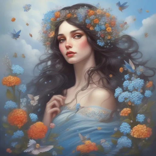 Prompt: A beautiful and colourful Persephone whose brunette hair is made of clouds that rains down forget-me-not flowers and baby's breath flowers made of jewels, while chickadees fly around her; in a painted style