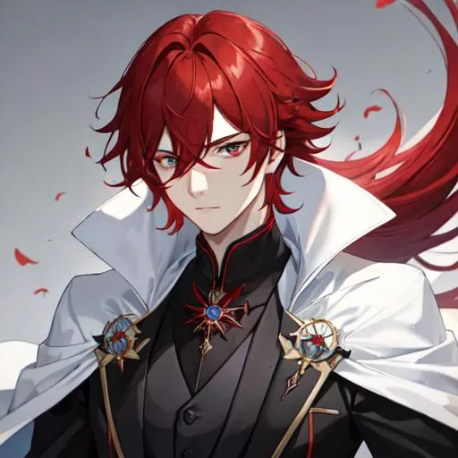 Prompt: Zerif 1male (Red side-swept hair covering his right eye) wearing a black royal suit, white cape, 