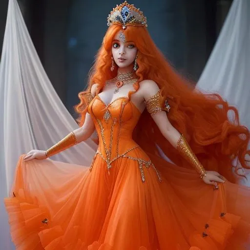 Prompt: princess of dimonds and rubi with a long voile behind her with orange long hairs  hairs  buetiful  dress princess of rubi dimonds