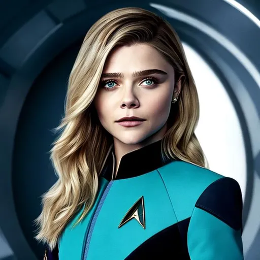 Prompt: A portrait of Chloe Grace Moretz, wearing a Starfleet uniform, in the style of "Star Trek the Next Generation."