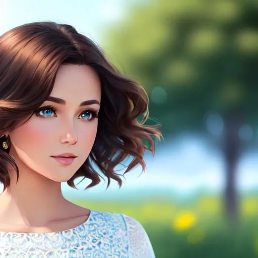 Prompt: full body, Beautiful, short hair, wavy, brown hair, female, windy, teal eyes, white dress, clear sky, blue sky, 4K, 16K, highly realistic, extremely detailed, photo realistic, photo quality, sugestive