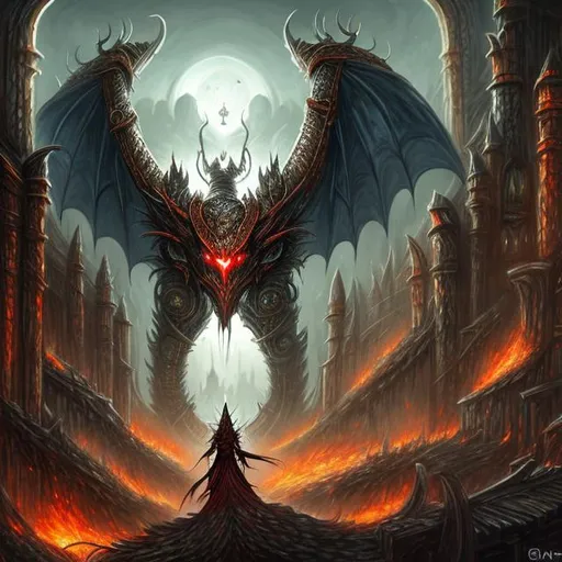 Prompt:  fantasy art style, red, giant dragon, wings, bat wings, giant, painting, evil, city, metropolis, elves, elvish, dystopian, apocalyptic, apocalypse, crowded, dense city, warfare, war, sword, breathing fire, fire, explosive, bomb, lava, magma, fighting