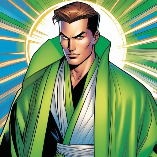 Prompt: detailed character, full body portrait of a young adult male sorcerer, round face, broad cheeks, extremely short brown slicked back pompadour undercut, green glowing eyes smirking, wearing robes with a scarf, Marvel comics art, (comic art), 2d art. (2d), DC comics art. Well drawn faces, detailed faces.
