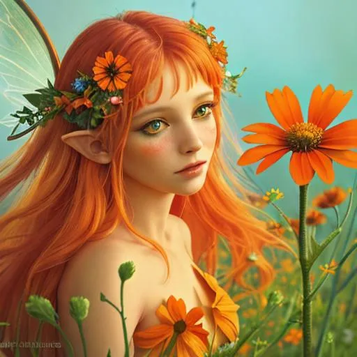 Prompt: Fairy goddess of summer, vivid colors, red, orange  and yellow wildflowers, closeup