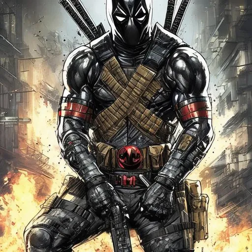 Prompt: Redesigned white and gold military commando-trained villain deadpool. Bloody. Hurt. Damaged mask. Accurate. realistic. evil eyes. Slow exposure. Detailed. Dirty. Dark and gritty. Post-apocalyptic Neo Tokyo with fire and smoke .Futuristic. Shadows. Sinister. Armed. Fanatic. Intense. 