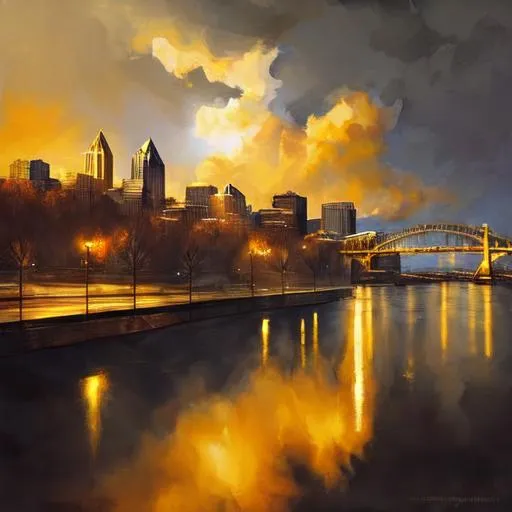 Prompt: City of PIttsburgh, The trees are leafless. The roads are wet. The snow is brown and the 
clouds are thick. But when I arrive at the bridge, a golden light penetrates 
an opening in the sky, spilling beams of light that flicker off the rippling 
river below.