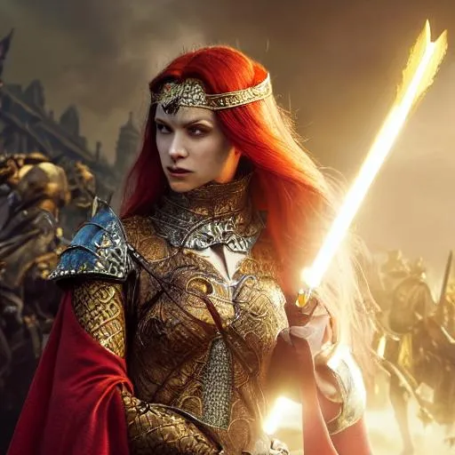 Prompt: front of a woman holding a rapier dressed in robes and leather armour, red hair and yellow eyes, medieval setting, beautiful, perfect composition, hyperrealistic, super detailed, 8k, high quality, trending art, trending on artstation, sharp focus, studio photo, intricate details, highly detailed, by greg rutkowski