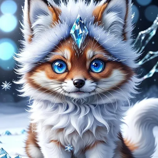 Prompt: (masterpiece, professional oil painting, epic digital art, best quality:1.5), insanely beautiful tiny ((fox kit)), (canine quadruped), ice elemental, silky silver-blue fur covered in frost, timid, ((insanely detailed alert crystal blue eyes, sharp focus eyes)), gorgeous 8k eyes, fluffy silver neck ruff covered in frost, two tails, (plump), enchanted, magical, finely detailed fur, hyper detailed fur, (soft silky insanely detailed fur), moonlight beaming through clouds, lying in frosted meadow, grassy field covered in frost, cool colors, professional, symmetric, golden ratio, unreal engine, depth, volumetric lighting, rich oil medium, (brilliant auroras), (ice storm), full body focus, beautifully detailed background, cinematic, 64K, UHD, intricate detail, high quality, high detail, masterpiece, intricate facial detail, high quality, detailed face, intricate quality, intricate eye detail, highly detailed, high resolution scan, intricate detailed, highly detailed face, very detailed, high resolution