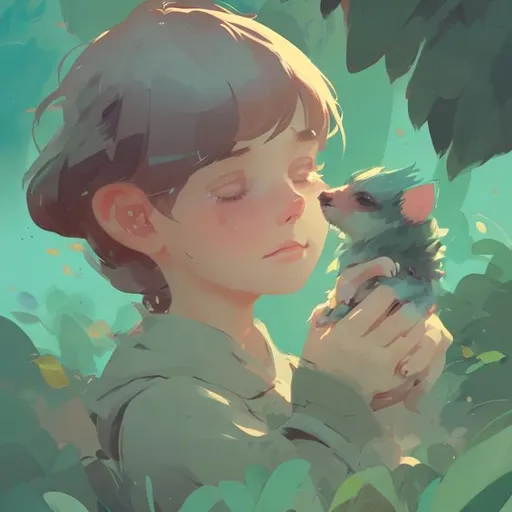 Prompt: character design of someone petting a small animal close up illustration by loish warm colors green values