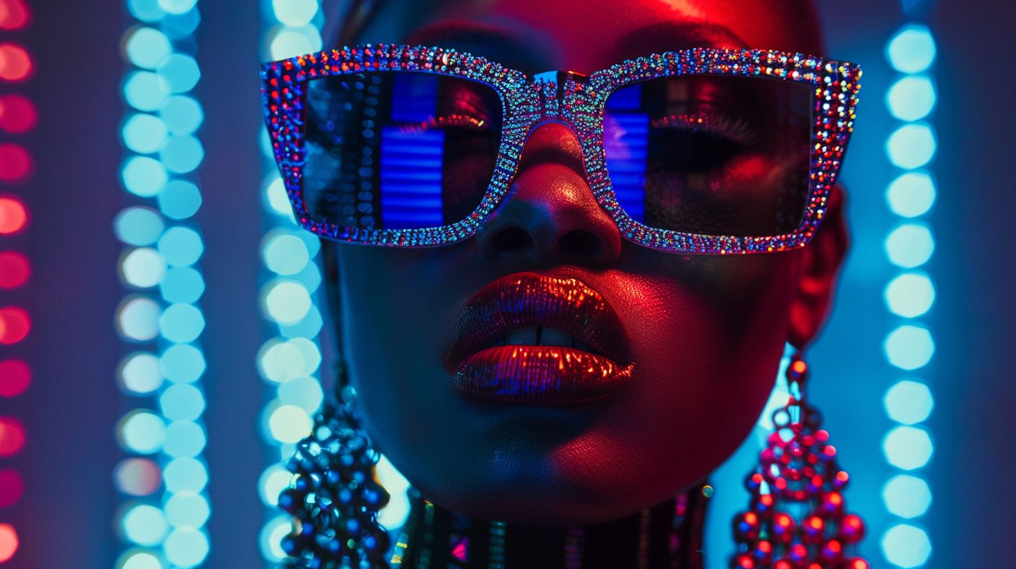 Prompt: Raw photo of a futuristic woman, draped in glistening, iridescent clothing and ornaments. Her expansive sunglasses, intricately designed, mirror a grid pattern that also appears in her backdrop. The attire seamlessly blends with the radiant digital shades, while her vivid red lips stand out as a stark contrast amidst the spectrum of colors.