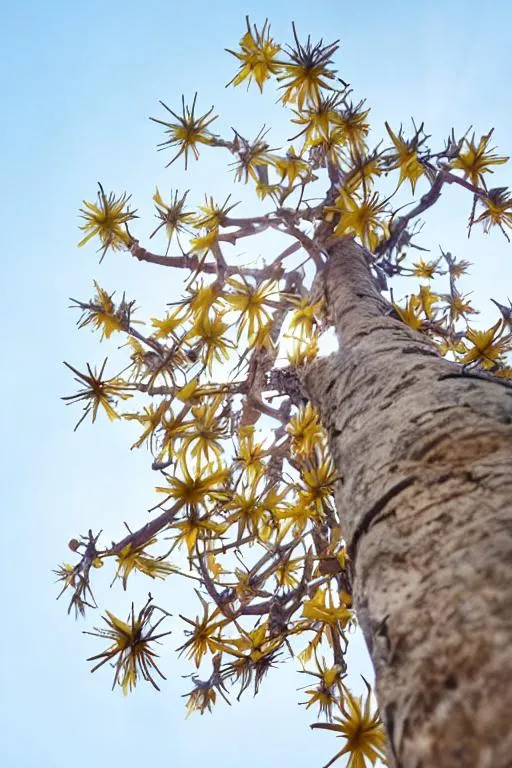 Prompt: RAW photo, a Star tree, each branch has a yellow flower that resembles a 5 point star, shoot from the bottom, beautiful, 8k uhd, dslr, soft lighting, high quality, film grain, Fujifilm XT3