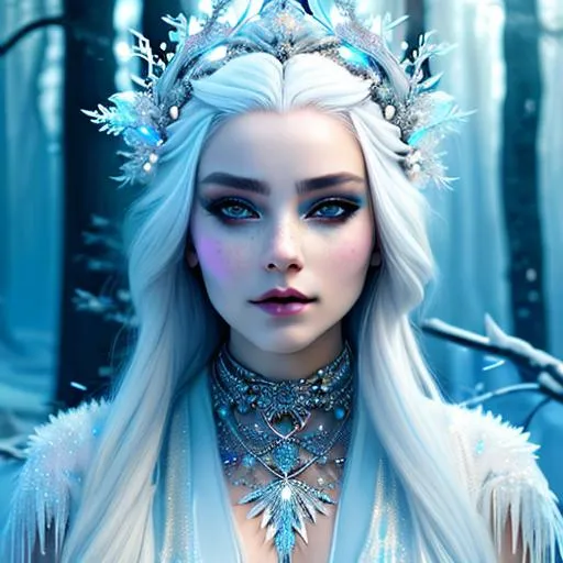 Prompt: Woman with platinum hair, in a dress of ice flowers, a beautiful crown on her head, front, background frozen forest, cover, unzoom, choker, hyperdetailed, luminism, Bar lighting, complex, 4k resolution concept art portrait by Greg Rutkowski, Art germ, WLOP, Alphonse Mucha, little fusion pojatti realistic goth, fractal isometrics details bioluminescence: a stunning realistic photograph 30 years unreal engine, white ceramic white skin, 4k, symmetrical face
 based on the colorful expressive work of sara moon photography unreal engine