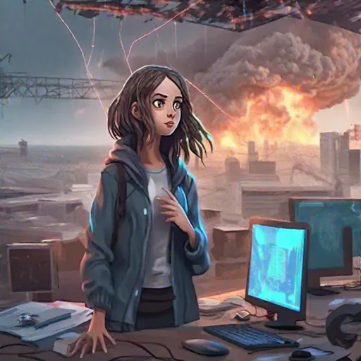 Prompt: A genius hacker girl  talks to AI ,background is natural disaster , character concept art