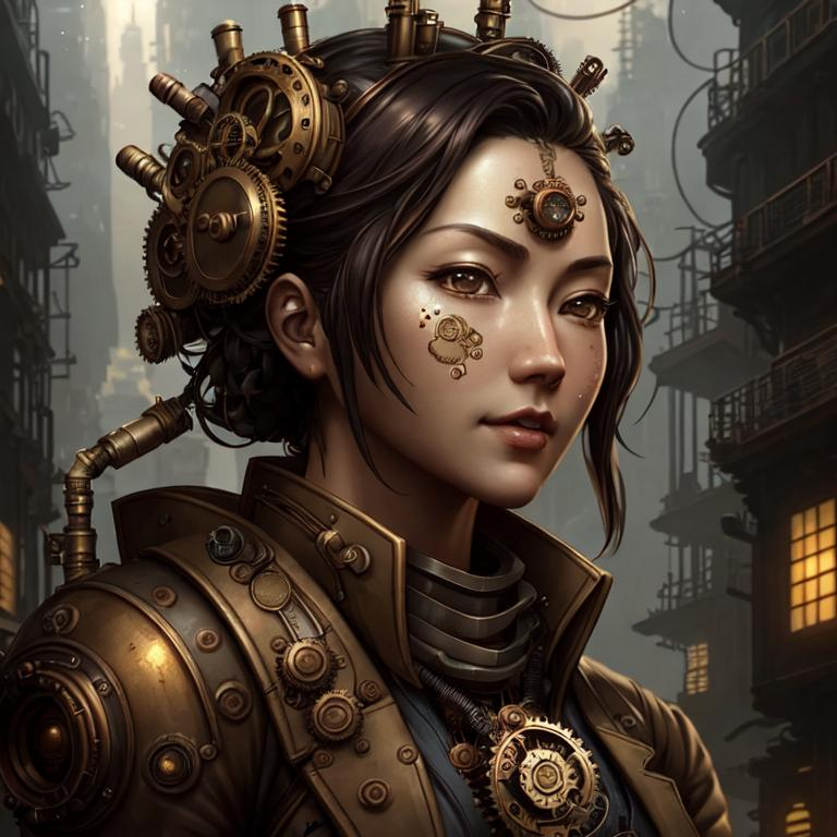 steampunk female machinist, mechanical, excited, ski...