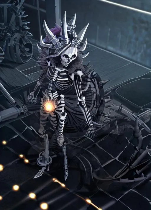 Prompt: Skeleton with a spiked wheel inside him