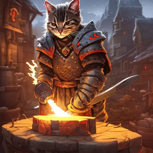 Prompt: A cat blacksmith with a glowing red sword on an anvil in front of him