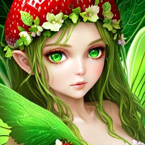 Prompt: Fairy goddess of summer, strawberries,large green eyes, green eyes, closeup