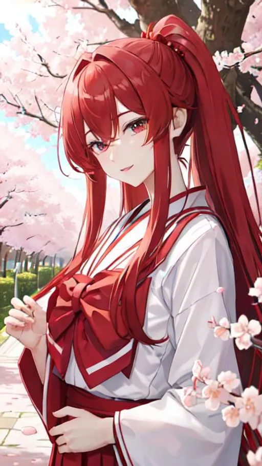 Prompt: Zerif 1male (Red side-swept hair covering his right eye) kissing Haley, 8K, UHD, best quality, under the cherryblossom trees, wearing a Japanese school uniform 