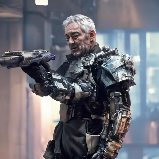 Prompt: Michael Jayston shouting angrily wearing an armored futuristic scifi military uniform and holding an advanced exotic shotgun in full color