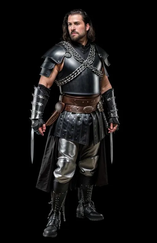 Prompt: a middle agged white man, witha 5 o'clock shadow, medium raven greasy hair, a black leather armor decorated with silver spider motif, hidden assassin blades portruding from the knuckles, brown shirt under the armor, white pants, black leather boots with silver chains, dramatic lighting, high resolution, 4k, bright colors, portrait, warrior, fierce, powerful