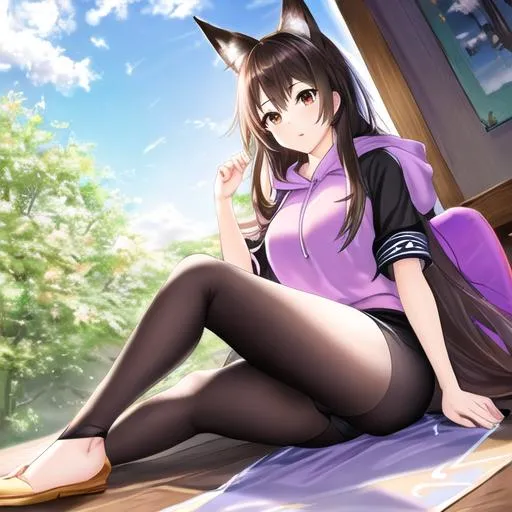 Prompt: oil painting, UHD, hd , 8k,  anime, hyper realism, Very detailed, zoomed out view, clear visible face, full body in view, clear visible face, fox girl character with long dark brown hair, wears a purple hoodie with black leggings, sitting in chair