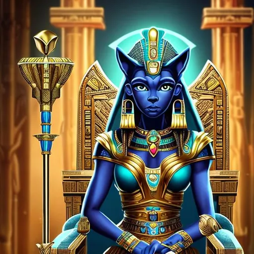 Prompt: A large pharaonic cat with green eyes sits next to the throne chair of a beautiful ancient pharaonic queen with blue eyes at the age of 30 and holding a scepter in her hand. This queen resembles Cleopatra.