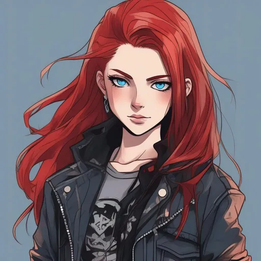 Prompt: Anime Style, young adult female, wearing punk style jacket, with long blood red hair, blue eyes, and black jeans.