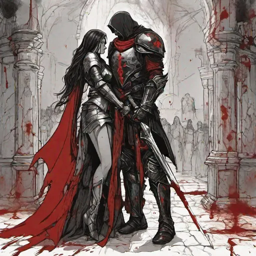 Prompt: crusader clad in black and red steel-armor protecting his wife whos embracing him in a blood stained and torn world.