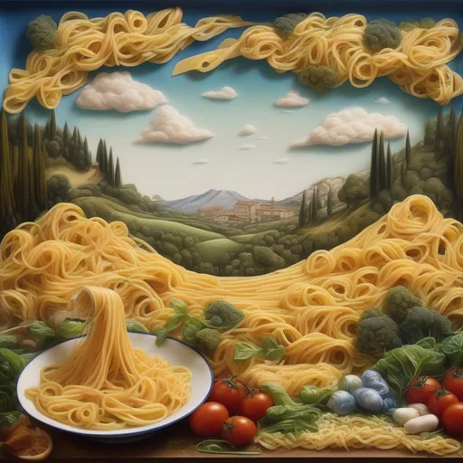 Prompt: a pasta dish transforms into a landscape, surrealistic painting