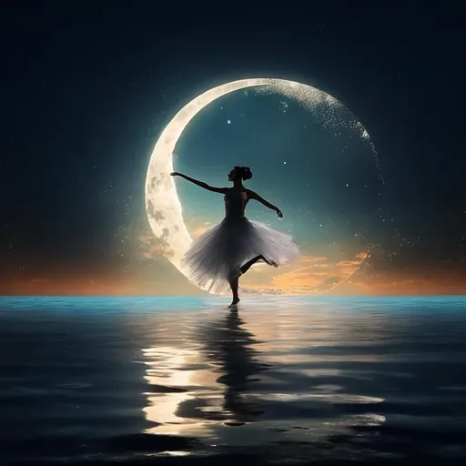 Prompt: a dancer dancing in the moonlight on a stage made of clear water , shows reflection of moon, moon at background