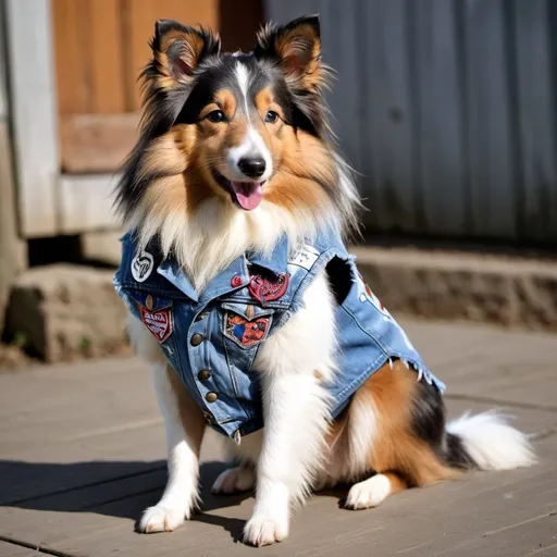 Prompt: Shetland Sheepdog wearing a heavy metal music denim vest with patches