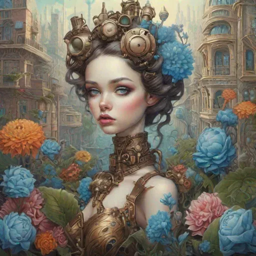 Prompt: Very detailed female, steampunk city taken over by plants in the background, d & d, fantasy, with blue flowers, beautiful face, hyperrealism delicate detailed complex, sophisticated, vibrant colors, volumetric lighting, pop surrealism art by Mark Ryden and Anna Dittmann