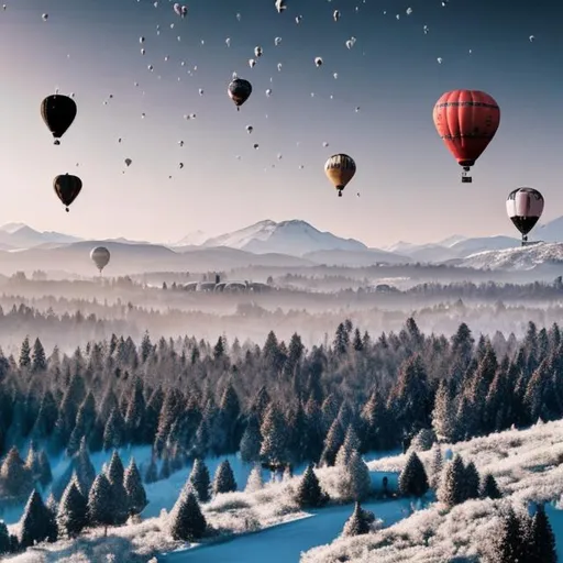 Prompt: A black and white winter landscape with different types of fir trees and mountains, and several hot air balloons flying in formation above in bright colors.