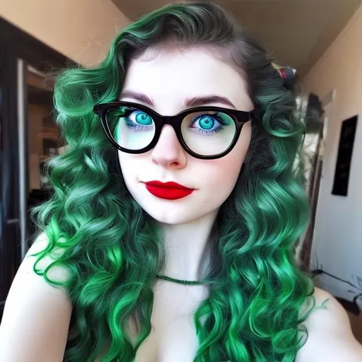 Prompt: Cute girl, green hair, wavy hair, black glasses, red lipstick, blue eyes