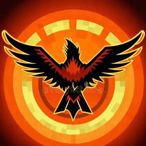 Prompt: phoenix in center, minecraft server logo, orange and red, vector illustration, minecraft style, round shape, flames