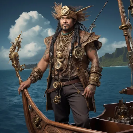 Prompt: "Photorealistic Polynesian demigod in traditional garments merged with Victorian explorer gear, magical fish hook with brass mechanical components, navigation tools that track stars and spirits, tattoos that shift and move, standing on steampunk outrigger canoe with deep sea investigation equipment --ar 3:4 --s 1000"