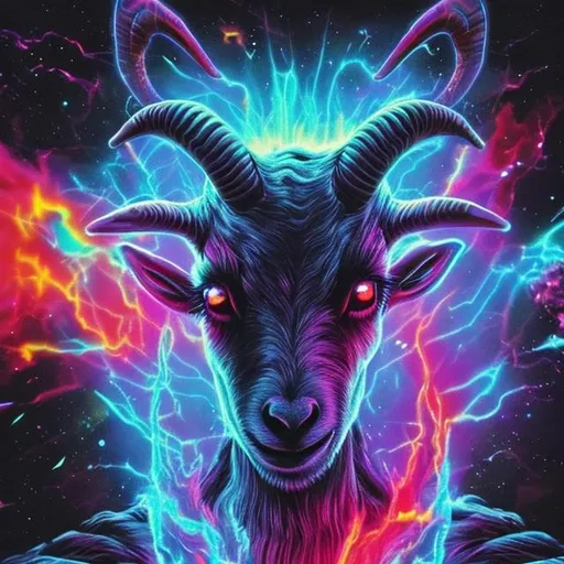 Prompt: electric space goat laser eyes demon fire acid trip