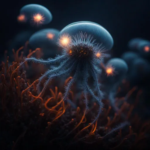 Prompt: vantablack + TRON + ocean swell + glowing drosera siphonophore deep sea creature + moody skies + breathtaking phenomenon + highly detailed photograph 