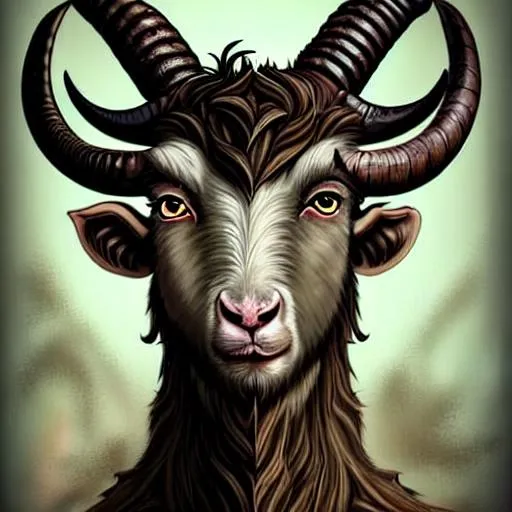 Prompt: A hyper realistic detailed full body image of a masculine in a rustic and dark fantasy theme, ((sexy man)) who has ((smoldering light green eyes eyes)), ((satyr guy with short wavy dark brown hair)) with ((sexy hairy chest and tattoos)) with ((natural colored goat ears)), mischievous face expression, highly detailed, digital painting, HD quality, ((big chiseled shoulders and chest)), ((sexy))