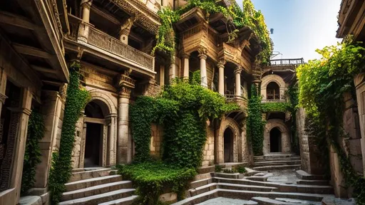 Prompt: A courtyard atop Mount Olympus, with intricate alleys, vines, and bas-relief elegance. 