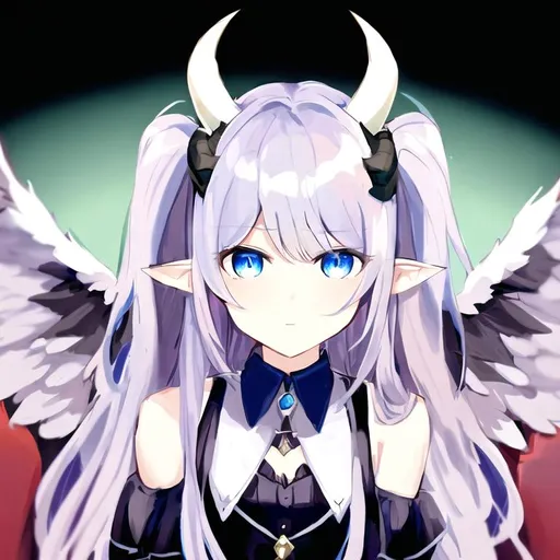 Prompt: Portrait of a cute winged girl with long hair, blue eyes, and horns wearing a black and white shirt 