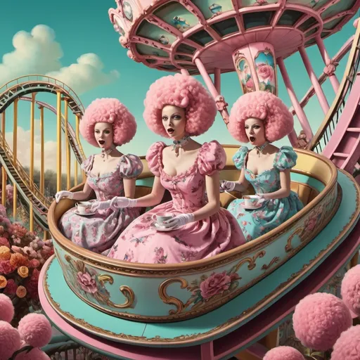 Prompt: Surreal carnival scene of women as flowers on a roller coaster, ornate teacups, pink poodles, vibrant and dreamy, high quality, surrealism, whimsical, floral dresses, elaborate teacups, pastel poodles, vibrant colors, roller coaster, surreal, dreamlike, carnival, detailed floral patterns, vintage surrealism, whimsical lighting